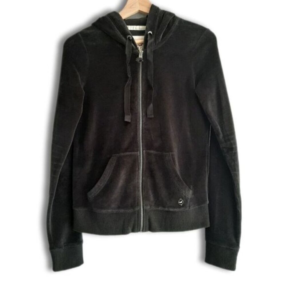 HOLLISTER Soft Velvet Full-Zip Hoodie Sweatshirt Jacket Black Sz S Flawed